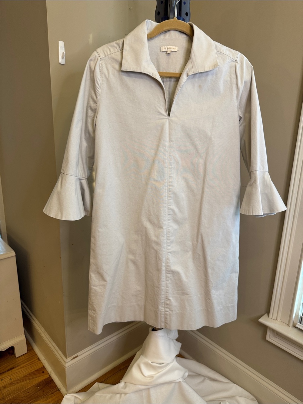 ANN MASHBURN khaki Mini Dress with Fluted Sleeves cotton